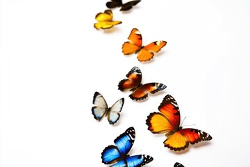 Poster - A group of colorful butterflies sit on a white surface, showcasing their vibrant colors and delicate wings