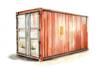Poster - Watercolor illustration of a bright red shipping container on a white background