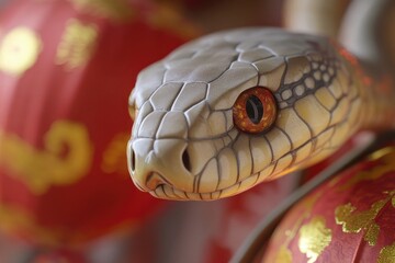Poster - A close-up shot of a snake's head with red lanterns in the background, ideal for use in wildlife or nature-inspired designs