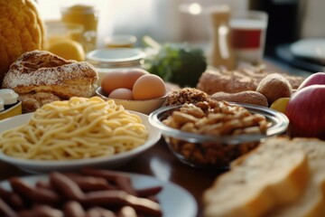 Poster - A wooden table set with plates of various foods, ideal for use in editorial or commercial contexts