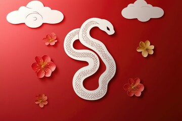 Poster - A snake made from paper cuts surrounded by flowers on a red background