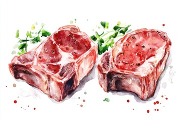 Poster - Two juicy steaks sizzling on a clean white surface, perfect for food photography and cookery illustrations