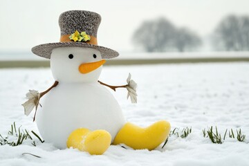 Poster - A snowman sitting in the snow wearing a hat, great for winter scenes or seasonal decorations