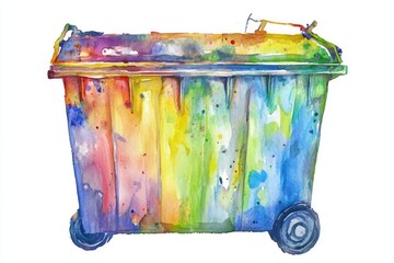 Poster - A watercolor illustration of a trash can with a simple design and bright colors