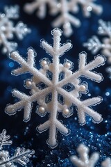 Poster - A detailed image of a single snowflake against a blue background