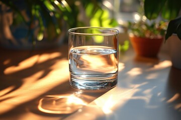 Poster - A glass of water sits beside a potted plant