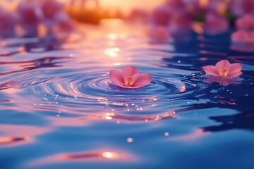 Aufkleber - Two pink flowers floating on the surface of a pool of water