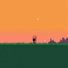 Poster - A vibrant 8-bit pixel art of a glowing pixelated knight standing at the edge of a glowing battlefield, surrounded by sparkling grass and a pixelated castle in the distance, set on a pastel green 