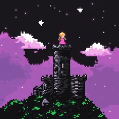 Wall Mural - A vibrant 8-bit pixel art of a glowing pixelated princess standing on a glowing balcony of a pixelated castle, surrounded by sparkling stars and pixelated clouds, set on a pastel lavender and 