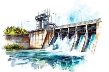Poster - River scene with a dam, painted in watercolor style