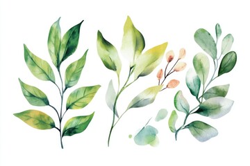 Poster - Three watercolor leaves on a white background, perfect for designs and illustrations