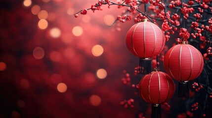 Aufkleber - A group of red lanterns hang from the branches of a tree, creating a warm and cozy atmosphere
