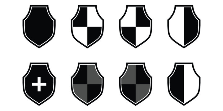 Collection of security shield icons. Protect shield security. Black shield silhouettes for security protection. Vector illustration.