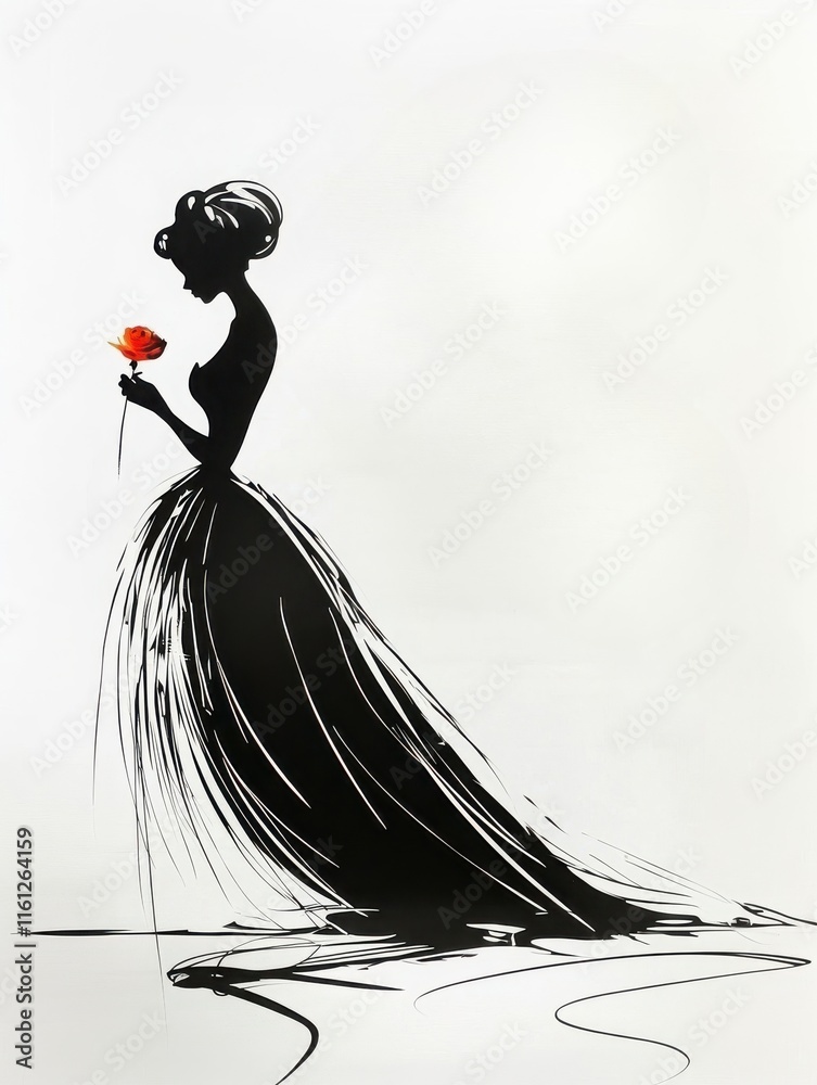 Elegant Silhouette of a Woman in a Flowing Gown Holding a Red Rose ...