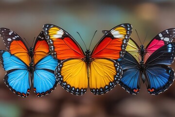 Poster - Three colorful butterflies sit on top of each other in a natural setting