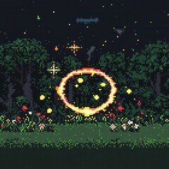 Canvas Print - An intricate 8-bit pixel art of a glowing pixelated fairy ring made of glowing mushrooms, surrounded by tiny pixelated flowers and sparkling fireflies, set on a pastel green and brown background 