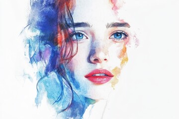 Poster - Portrait of a woman with blue eyes, painted in watercolor style