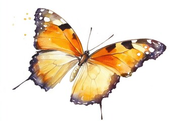 Poster - A single butterfly sits on a plain white surface, its delicate wings spread out
