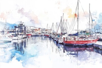 Wall Mural - watercolor painting of boats moored in a picturesque harbor