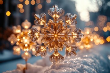 Poster - Close-up view of a delicate snowflake with soft lights in the background