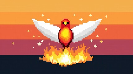 Poster - An intricate 8-bit pixel art of a glowing pixelated phoenix rising from glowing flames, surrounded by pixelated embers and sparkling stars, set on a pastel orange and navy background for a rebirth 