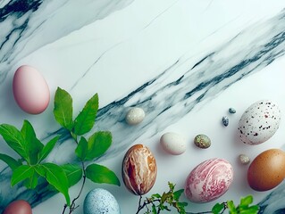 Poster - An elegant Easter arrangement featuring colorful eggs with speckled and marbled patterns surrounded by fresh green leaves on a luxurious white and black marble background, evoking a natural and festiv