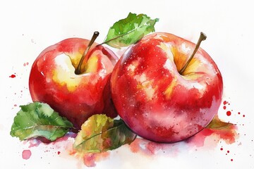 Poster - A still life of two red apples on a branch with green leaves, ideal for use in food or nature-themed designs
