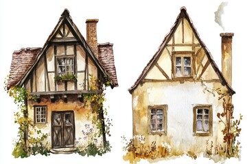 Poster - Two houses with windows and chimney illustration