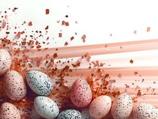 Poster - Pastel speckled Easter eggs surrounded by shimmery rose gold confetti on a matte white and pink background.