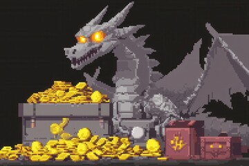 A charming 8-bit pixel art of a glowing pixelated dragon perched atop a sparkling treasure hoard, its glowing eyes watching over pixelated golden coins, glowing gems, and tiny magical artifacts 