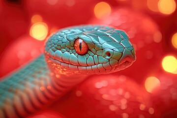 Wall Mural - A close-up view of a snake's head and body on a red background