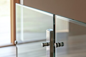 Poster - A detailed shot of a glass door handle, perfect for interior design or real estate use