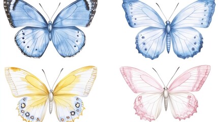 Wall Mural - Watercolor illustrations of four colorful butterflies on a white background