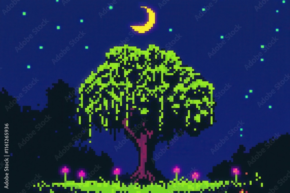 A charming 8-bit pixel art of a glowing pixelated enchanted forest tree ...