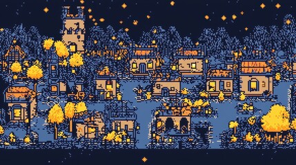 Poster - A charming 8-bit pixel art of a glowing pixelated enchanted village nestled in a glowing valley, with pixelated thatched rooftops, tiny glowing lanterns lighting cobblestone streets, and sparkling 