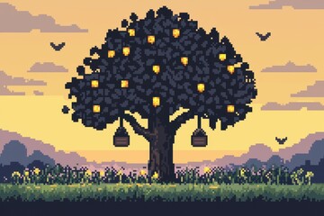 Wall Mural - A charming 8-bit pixel art of a glowing pixelated tree with pixelated glowing birdhouses hanging from its branches, surrounded by tiny glowing birds, pixelated flowers, and sparkling grass under 