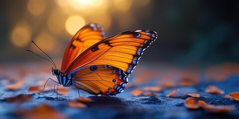 Poster - A single orange butterfly perched on the surface of a leaf-covered ground, ideal for use in nature-inspired designs or as a symbol of transformation