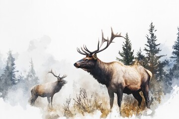 Wall Mural - Two elk grazing in a field with trees in the background