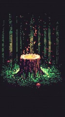 Wall Mural - A delightful 8-bit pixel art of a glowing pixelated tree stump with pixelated glowing rings, surrounded by tiny glowing mushrooms, sparkling grass, and a pastel orange forest clearing for a 