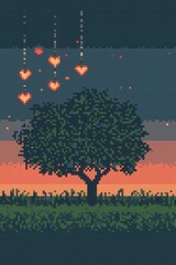 Canvas Print - A vibrant 8-bit pixel art of a glowing pixelated magical tree with pixelated glowing hearts hanging like ornaments, surrounded by sparkling grass and tiny glowing fireflies under a pastel lavender 