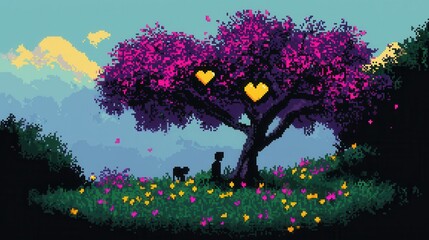 Wall Mural - A vibrant 8-bit pixel art of a glowing pixelated tree with heart-shaped glowing leaves, surrounded by tiny pixelated animals playing beneath its branches, with sparkling flowers scattered across 