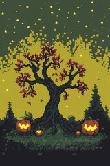 Wall Mural - An intricate 8-bit pixel art of a glowing pixelated maple tree with glowing red leaves, surrounded by pixelated pumpkins, sparkling vines, and tiny glowing stars under a pastel orange autumn 