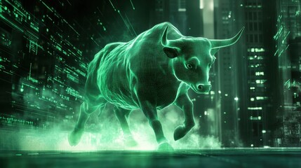 Poster - Digital bull charge urban cityscape 3d animation futuristic environment dynamic perspective financial strength