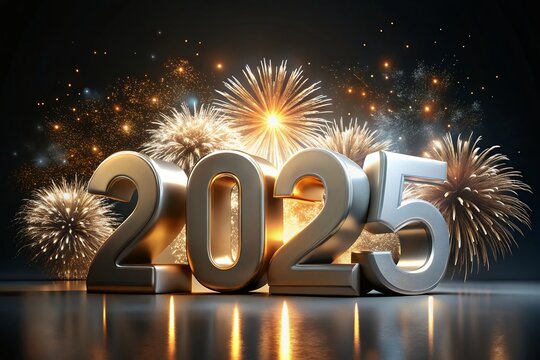 2025 Text Holiday Graphic with Gold Fireworks white and gold Background