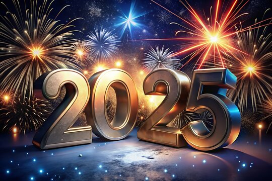 2025 Text Holiday Graphic with Gold Fireworks golden Background