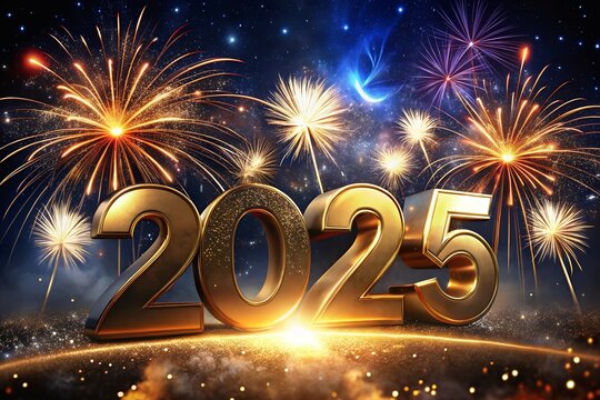 Number 2025 Text Holiday Graphic with Gold Fireworks Background