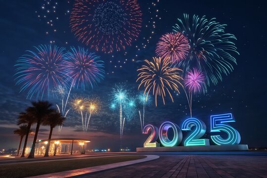 2025 Text Holiday Graphic with Gold Fireworks Background