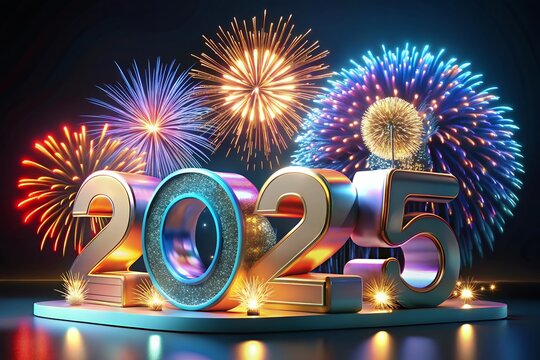 Color Mix 2025 Text Holiday Graphic with Gold Fireworks Background