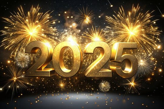 2025 Text Holiday Graphic with Gold Fireworks gold Background