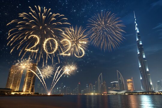 fireworks over the city 2025 Text Holiday Graphic with Gold Fireworks Background